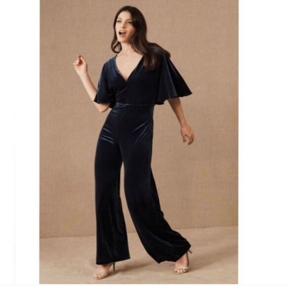BHLDN Mariana Velvet Jumpsuit women's size 4 teal blue flutter sleeves flowy - Picture 1 of 12